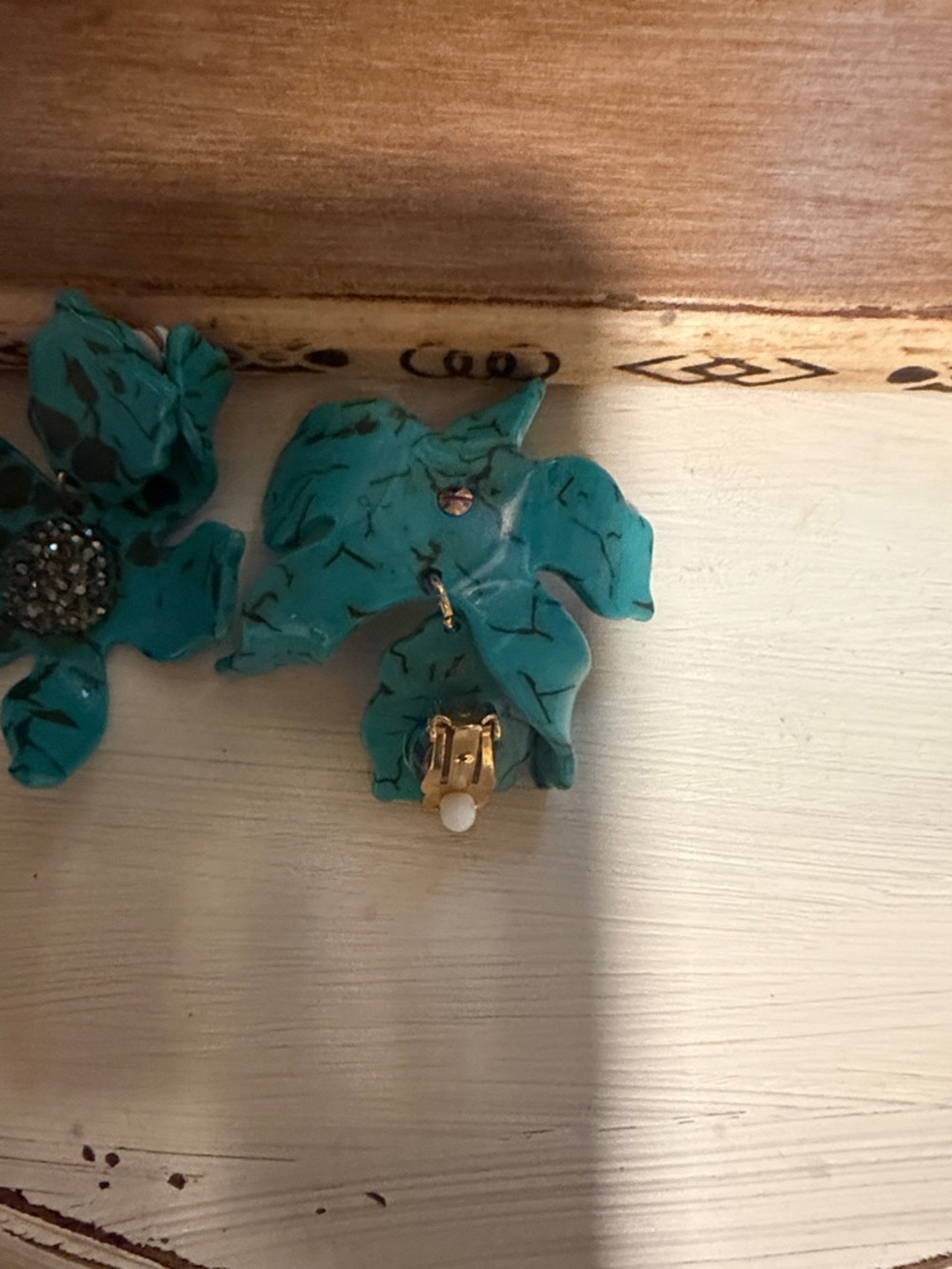 Lele Sadoughi Turquoise Flower Drop Earrings with Rhinestone Centers - Picture 3 of 3